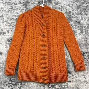 Vtg Hand Knit Women's S/M Cardigan 80s Orange Rust Wool Cable‎ Shawl Grandmacore